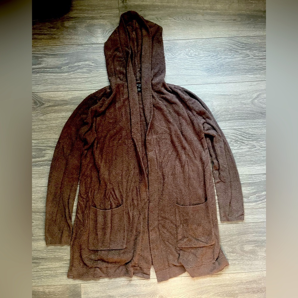Barefoot Dreams Cozychic Lite Brown Fuzzy Hood Duster Open Cardigan Sweater M